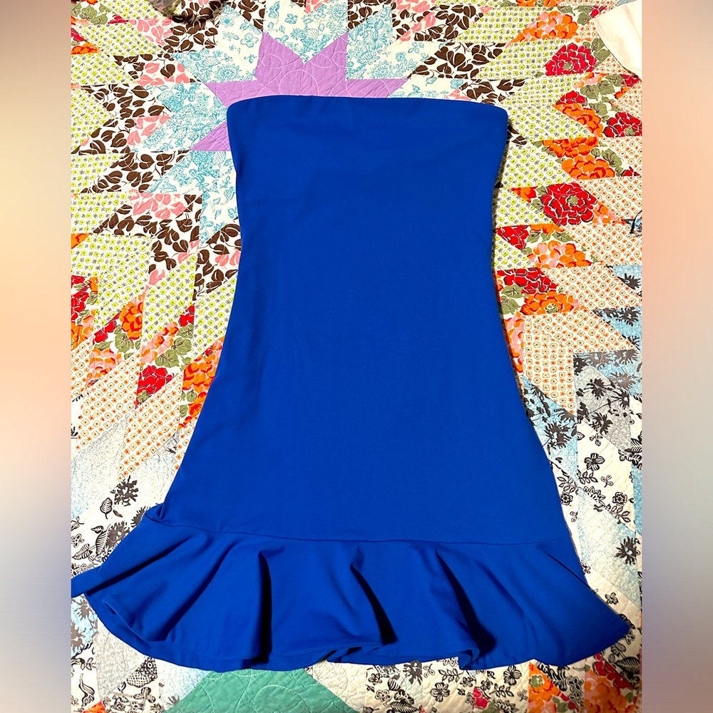 Susana Monaco fitted ruffle strapless blue dress!